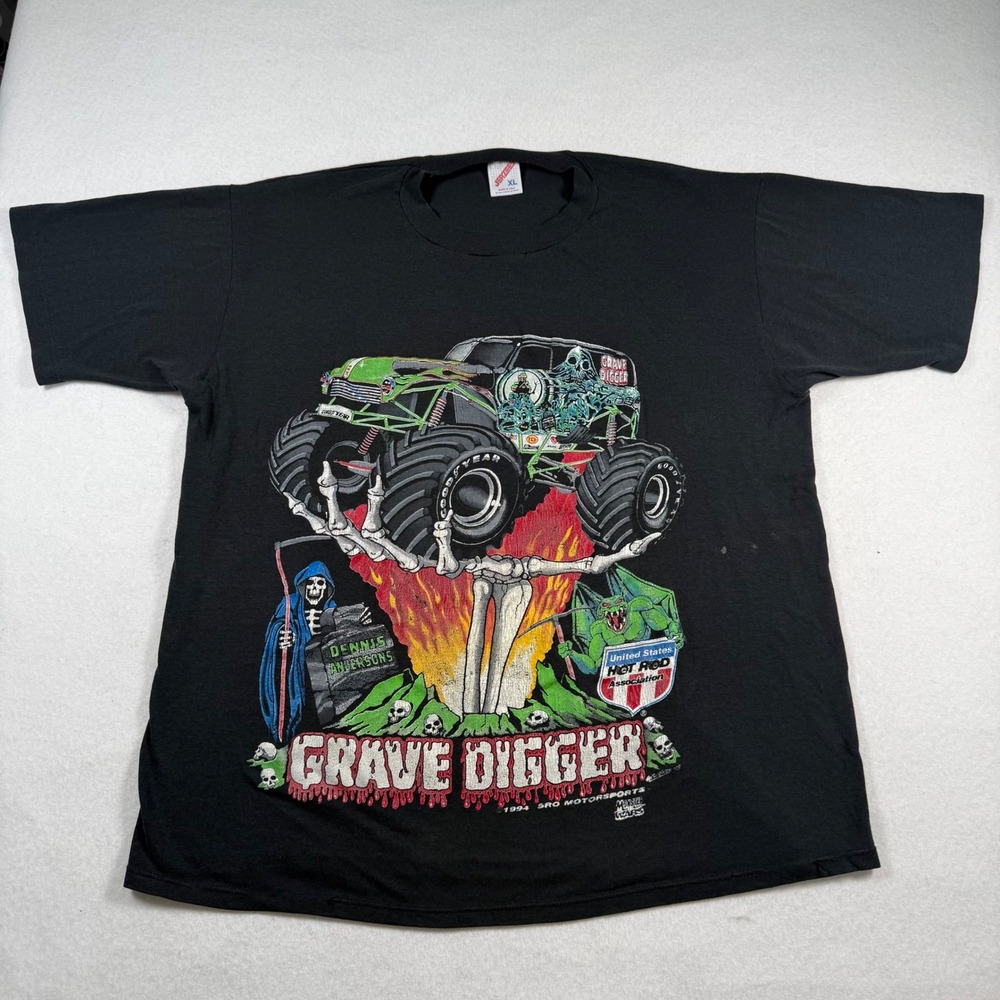 Vintage 1994 Grave Digger Monster Truck Shirt XL Jerzees Black Single Stitch 90s